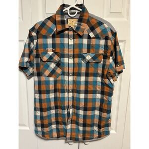 Triple Fat Goose Short Sleeve Button Up Shirt W/Pearl Snap, Orange Teal Plaid XL